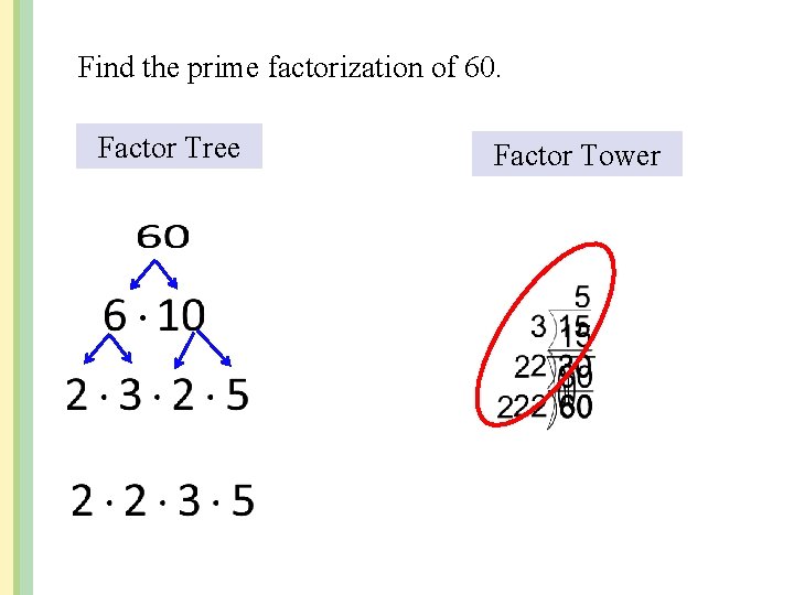Find the prime factorization of 60. Factor Tree Factor Tower 