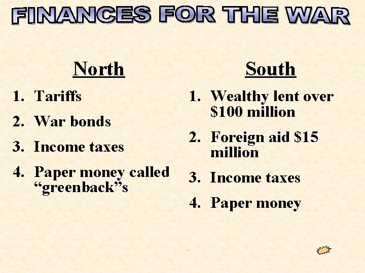 North 1. Tariffs 2. War bonds South 1. Wealthy lent over $100 million 3.