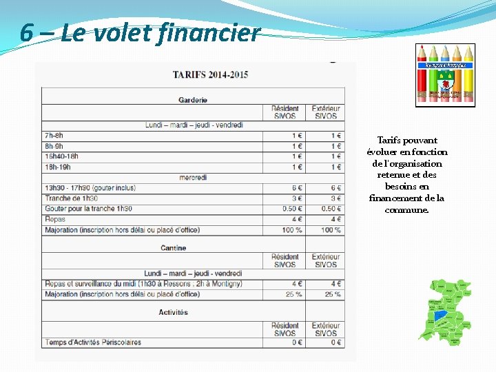 6 – Le volet financier Tarifs pouvant évoluer en fonction de l’organisation retenue et