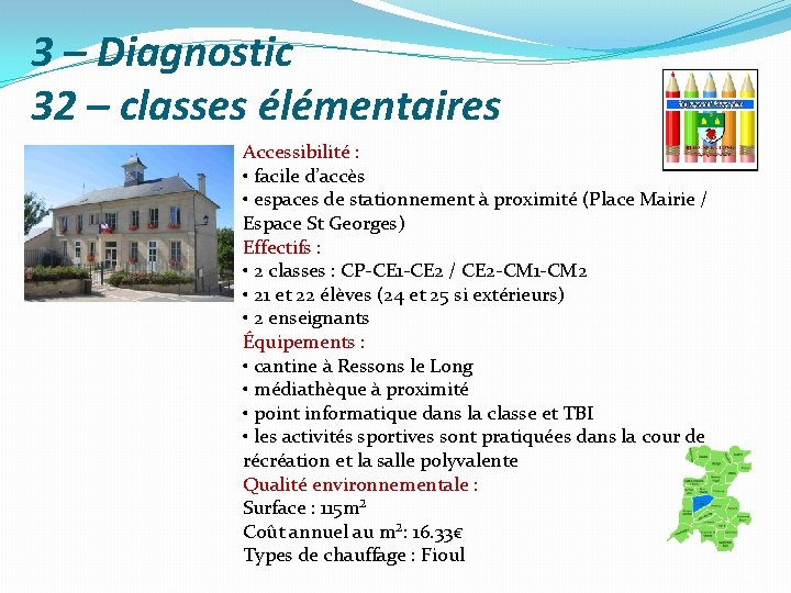 3 – Diagnostic 32 – classes élémentaires Accessibilité : • facile d’accès • espaces