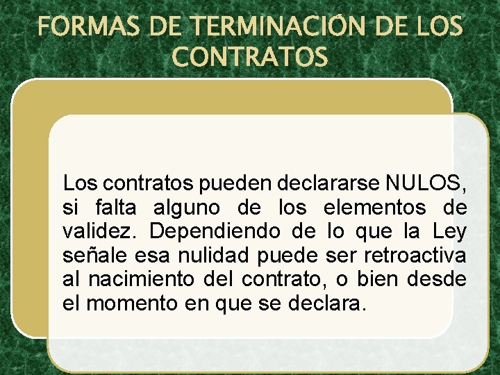FORMAS DE TERMINACIÓN DE LOS CONTRATOS Los contratos pueden declararse NULOS, si falta alguno