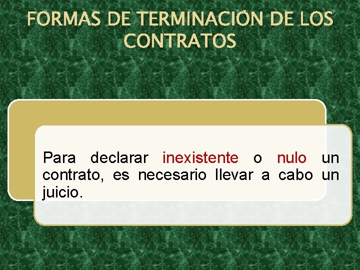 FORMAS DE TERMINACIÓN DE LOS CONTRATOS Para declarar inexistente o nulo un contrato, es