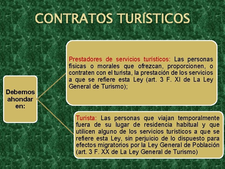 CONTRATOS TURÍSTICOS Debemos ahondar en: Prestadores de servicios turísticos: Las personas físicas o morales