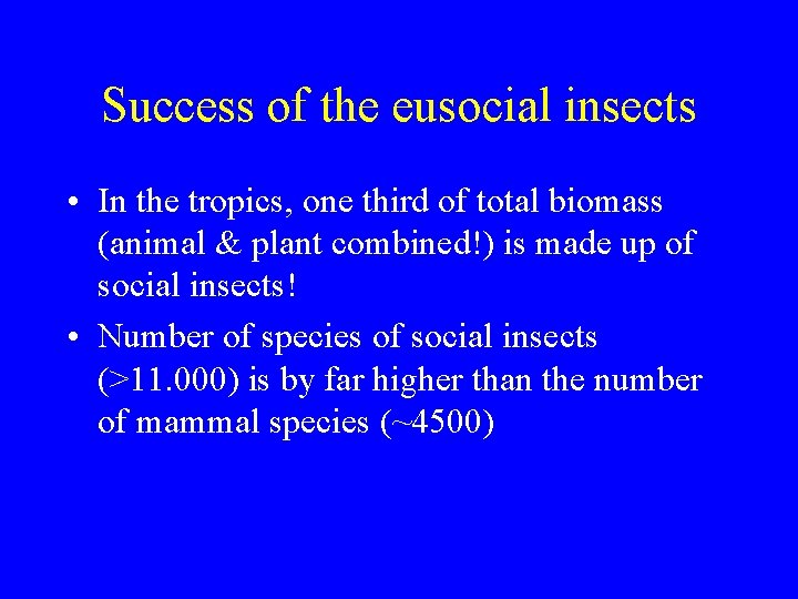 Success of the eusocial insects • In the tropics, one third of total biomass
