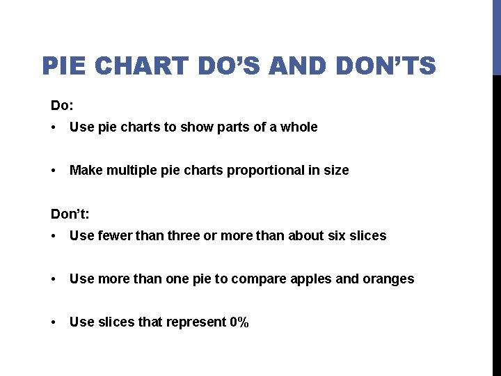 PIE CHART DO’S AND DON’TS Do: • Use pie charts to show parts of