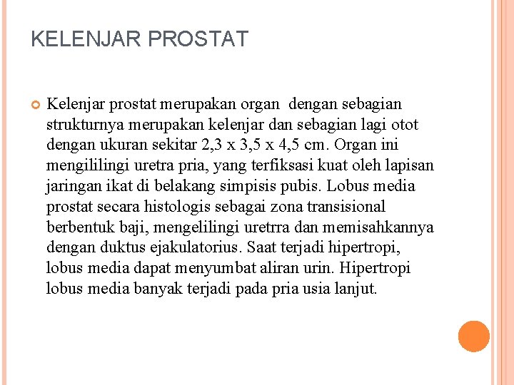 KELENJAR PROSTAT Kelenjar prostat merupakan organ dengan sebagian strukturnya merupakan kelenjar dan sebagian lagi