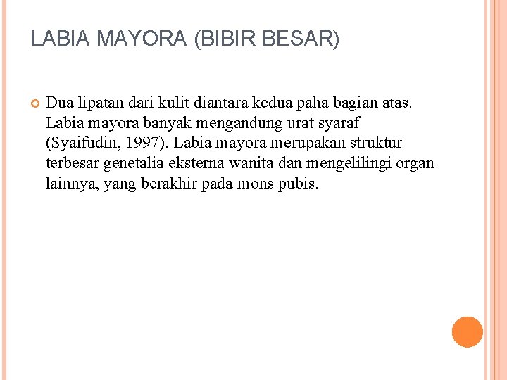 LABIA MAYORA (BIBIR BESAR) Dua lipatan dari kulit diantara kedua paha bagian atas. Labia