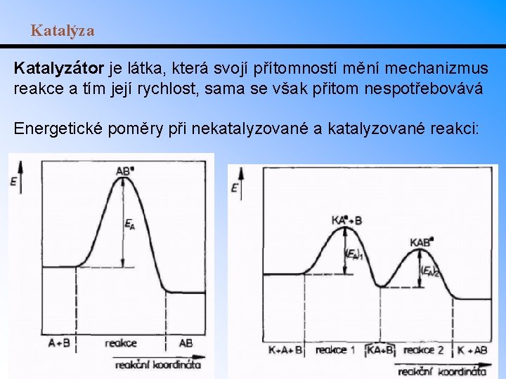 Katalýza Katalyzátor je látka, která svojí přítomností mění mechanizmus reakce a tím její rychlost,