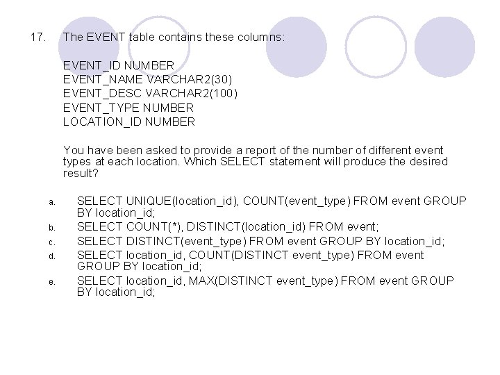 17. The EVENT table contains these columns: EVENT_ID NUMBER EVENT_NAME VARCHAR 2(30) EVENT_DESC VARCHAR