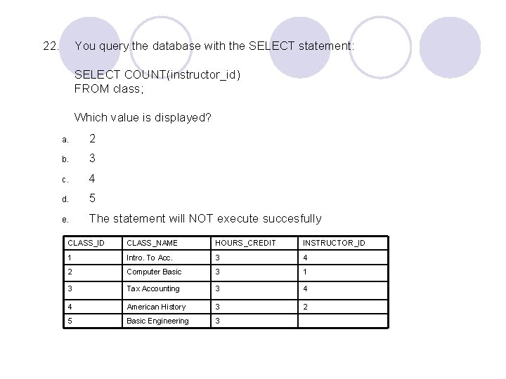 22. You query the database with the SELECT statement: SELECT COUNT(instructor_id) FROM class; Which