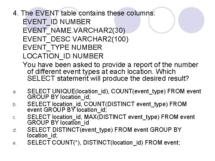 4. The EVENT table contains these columns: EVENT_ID NUMBER EVENT_NAME VARCHAR 2(30) EVENT_DESC VARCHAR