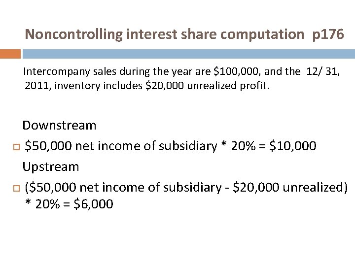 Noncontrolling interest share computation p 176 Intercompany sales during the year are $100, 000,