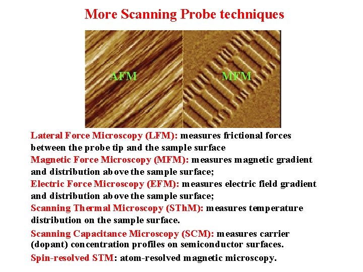 More Scanning Probe techniques AFM MFM Lateral Force Microscopy (LFM): measures frictional forces between