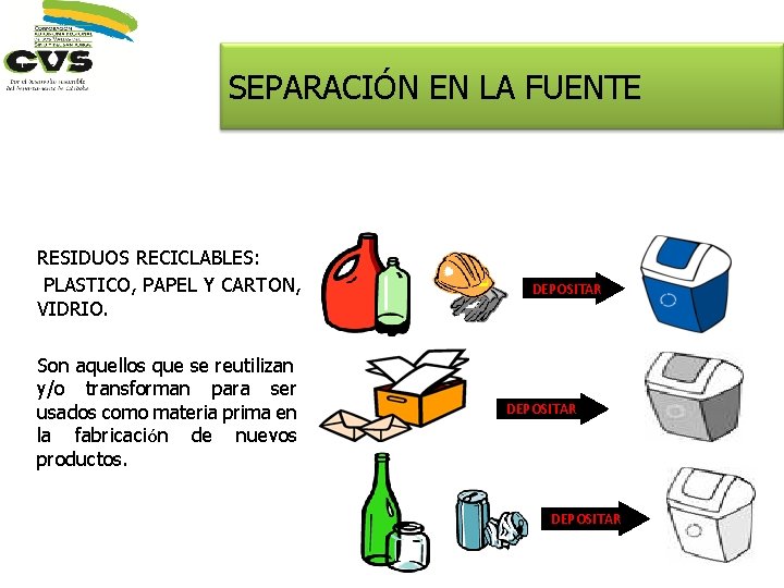 SEPARACIÓN EN LA FUENTE RESIDUOS RECICLABLES: PLASTICO, PAPEL Y CARTON, VIDRIO. Son aquellos que