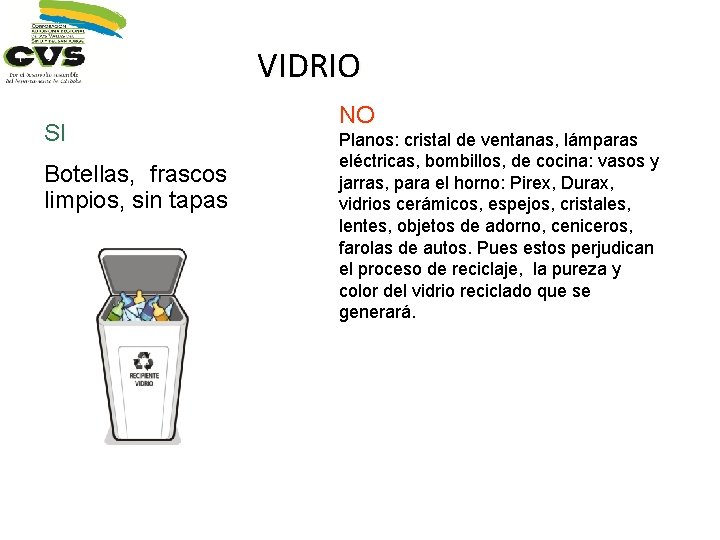 VIDRIO SI Botellas, frascos limpios, sin tapas NO Planos: cristal de ventanas, lámparas eléctricas,