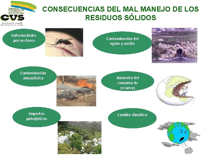 CONSECUENCIAS DEL MANEJO DE LOS RESIDUOS SÓLIDOS Enfermedades por vectores Contaminación atmosférica Impactos paisajísticos
