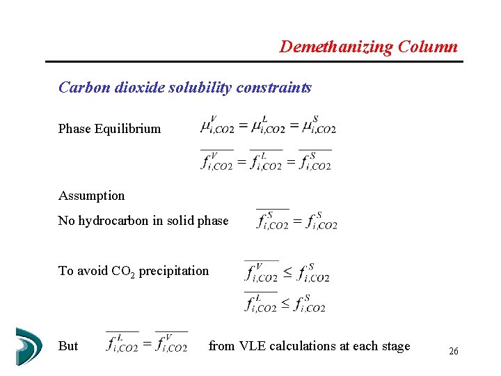 Demethanizing Column Carbon dioxide solubility constraints Phase Equilibrium Assumption No hydrocarbon in solid phase