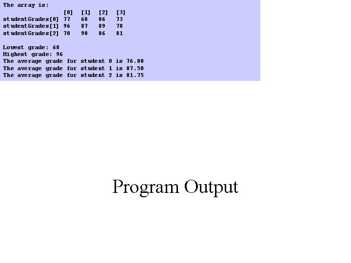 The array is: [0] [1] [2] [3] student. Grades[0] 77 68 86 73 student.