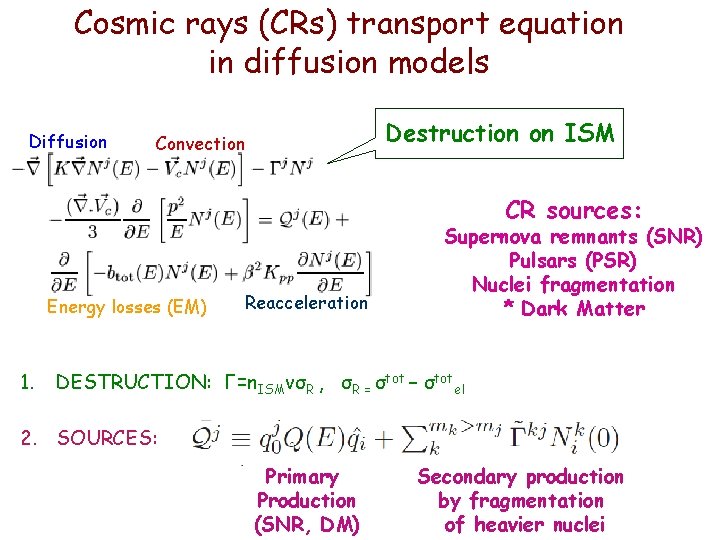 Cosmic rays (CRs) transport equation in diffusion models Diffusion Destruction on ISM Convection CR Cosmic rays (CRs) transport equation in diffusion models Diffusion Destruction on ISM Convection CR