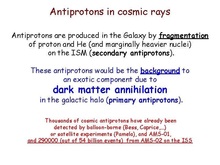 Antiprotons in cosmic rays Antiprotons are produced in the Galaxy by fragmentation of proton Antiprotons in cosmic rays Antiprotons are produced in the Galaxy by fragmentation of proton