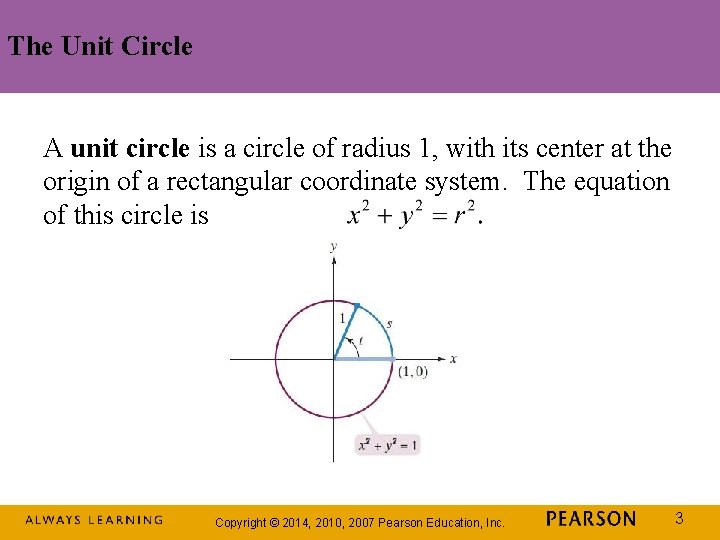 The Unit Circle A unit circle is a circle of radius 1, with its