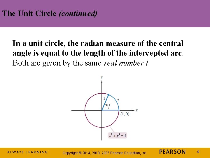 The Unit Circle (continued) In a unit circle, the radian measure of the central