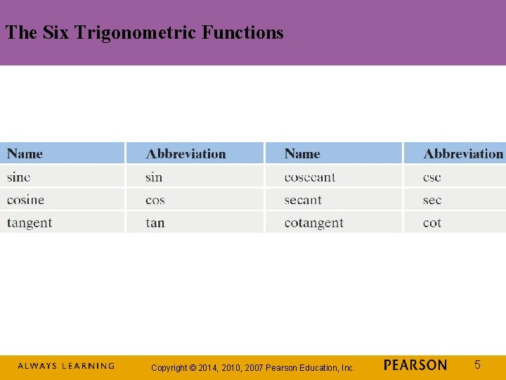 The Six Trigonometric Functions Copyright © 2014, 2010, 2007 Pearson Education, Inc. 5 