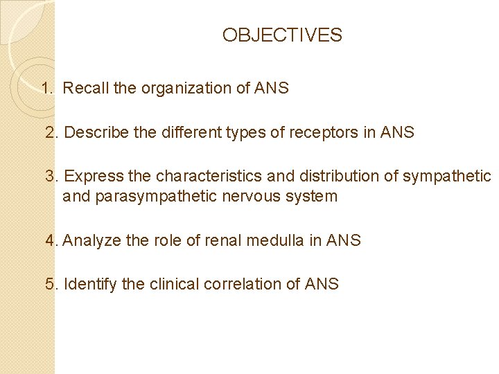 OBJECTIVES 1. Recall the organization of ANS 2. Describe the different types of receptors