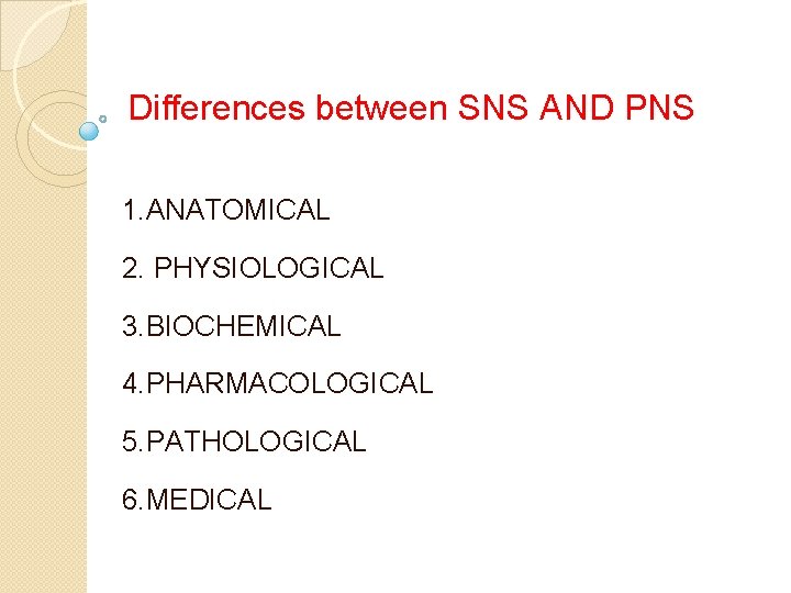 Differences between SNS AND PNS 1. ANATOMICAL 2. PHYSIOLOGICAL 3. BIOCHEMICAL 4. PHARMACOLOGICAL 5.