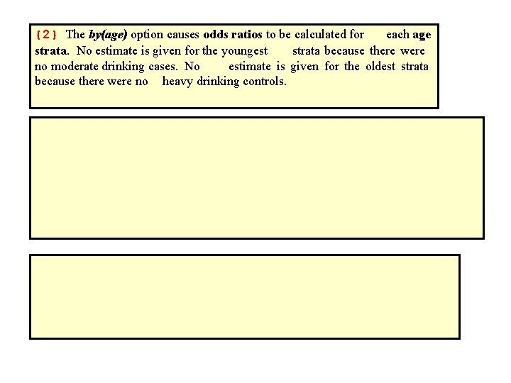 {2} The by(age) option causes odds ratios to be calculated for each age strata.