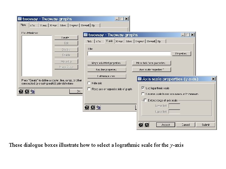 These dialogue boxes illustrate how to select a lograthmic scale for the y-axis 