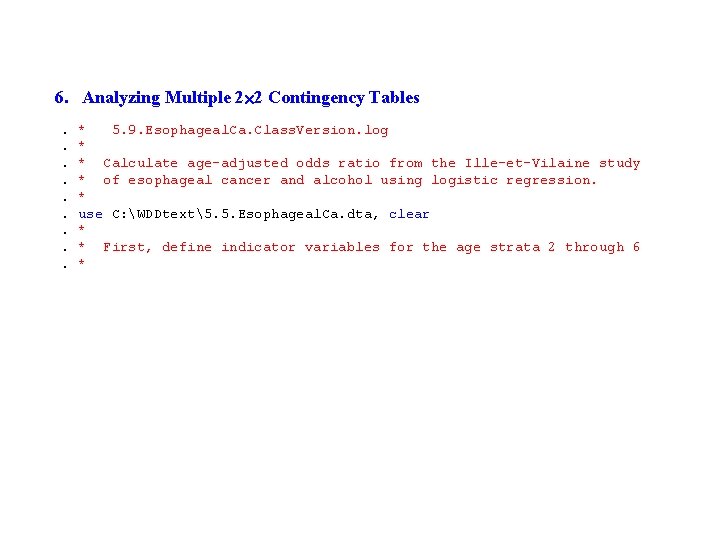 6. Analyzing Multiple 2 2 Contingency Tables. * 5. 9. Esophageal. Ca. Class. Version.