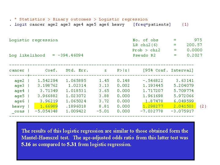 . * Statistics > Binary outcomes > Logistic regression. logit cancer age 2 age