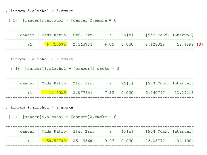 . lincom 2. alcohol + 2. smoke ( 1) [cancer]2. alcohol + [cancer]2. smoke