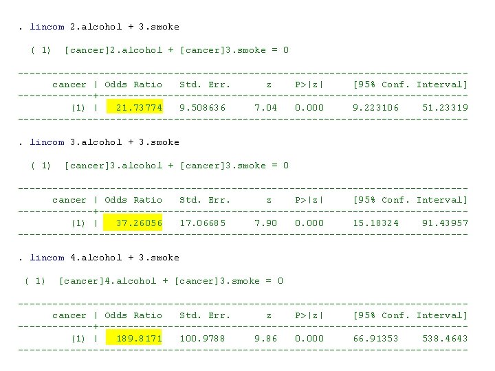 . lincom 2. alcohol + 3. smoke ( 1) [cancer]2. alcohol + [cancer]3. smoke