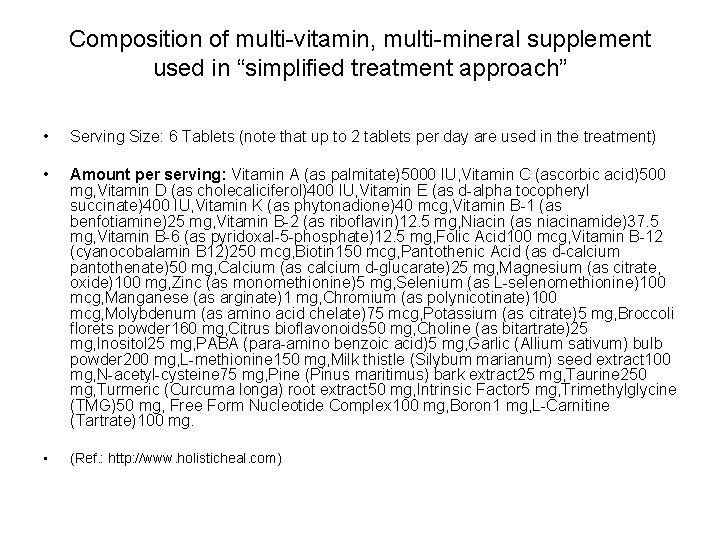 Composition of multi-vitamin, multi-mineral supplement used in “simplified treatment approach” • Serving Size: 6