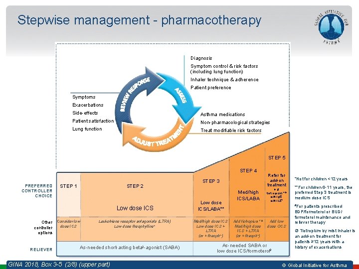 Stepwise management - pharmacotherapy Diagnosis Symptom control & risk factors (including lung function) Inhaler