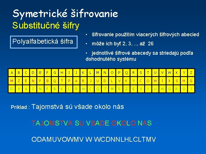 Symetrické šifrovanie Substitučné šifry • šifrovanie použitím viacerých šifrových abecied Polyalfabetická šifra • môže