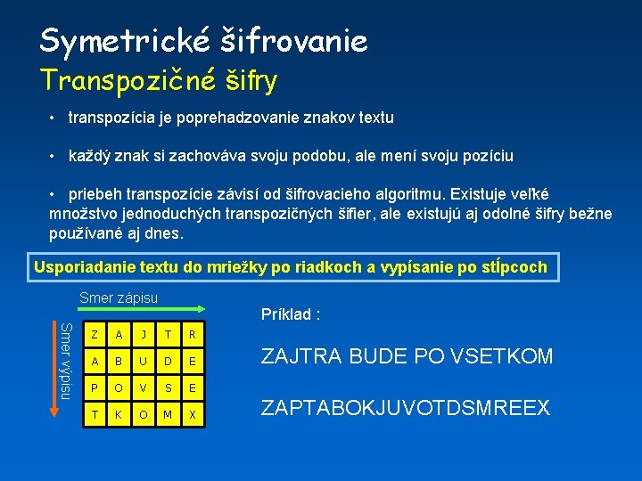 Symetrické šifrovanie Transpozičné šifry • transpozícia je poprehadzovanie znakov textu • každý znak si