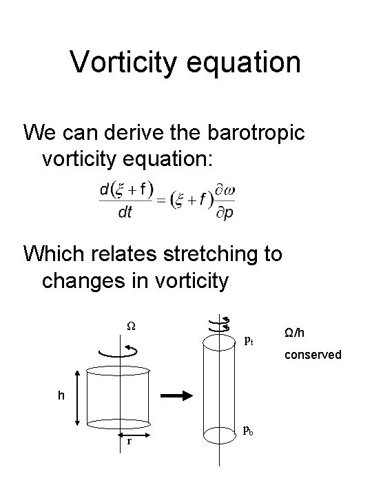 Vorticity equation We can derive the barotropic vorticity equation: Which relates stretching to changes