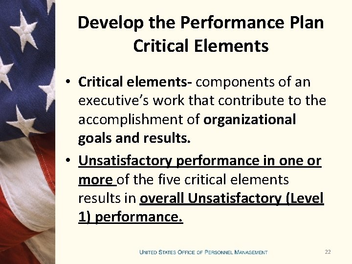 Develop the Performance Plan Critical Elements • Critical elements- components of an executive’s work