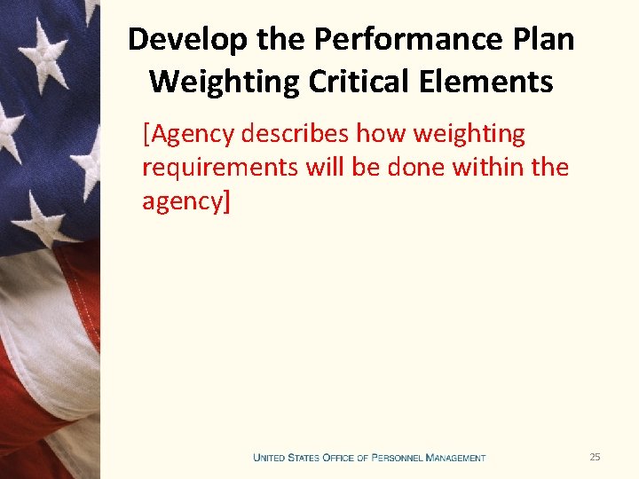 Develop the Performance Plan Weighting Critical Elements [Agency describes how weighting requirements will be