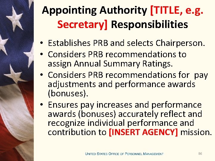 Appointing Authority [TITLE, e. g. Secretary] Responsibilities • Establishes PRB and selects Chairperson. •