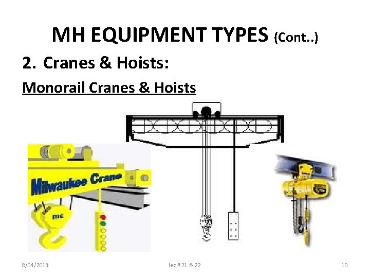 MH EQUIPMENT TYPES (Cont. . ) 2. Cranes & Hoists: Monorail Cranes & Hoists