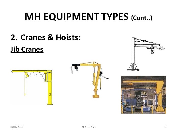 MH EQUIPMENT TYPES (Cont. . ) 2. Cranes & Hoists: Jib Cranes 8/04/2013 lec