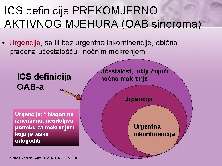 ICS definicija PREKOMJERNO AKTIVNOG MJEHURA (OAB sindroma) • Urgencija, sa ili bez urgentne inkontinencije,