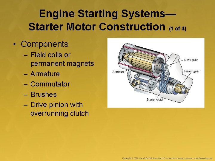 Engine Starting Systems— Starter Motor Construction (1 of 4) • Components – Field coils Engine Starting Systems— Starter Motor Construction (1 of 4) • Components – Field coils