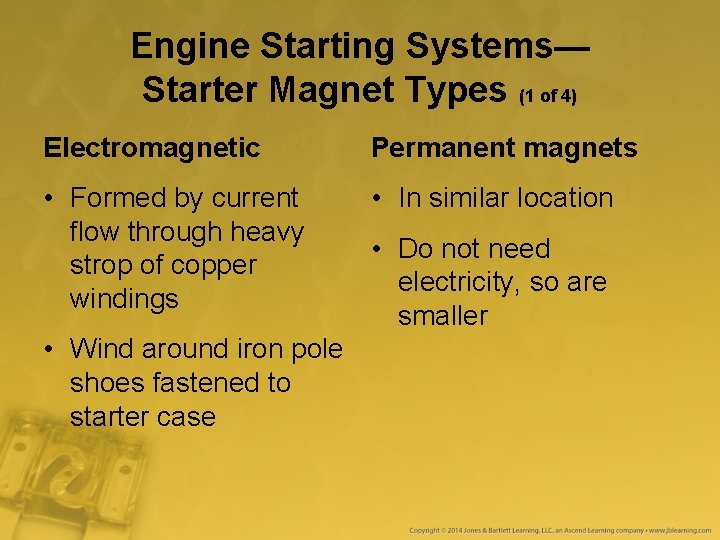 Engine Starting Systems— Starter Magnet Types (1 of 4) Electromagnetic Permanent magnets • Formed Engine Starting Systems— Starter Magnet Types (1 of 4) Electromagnetic Permanent magnets • Formed