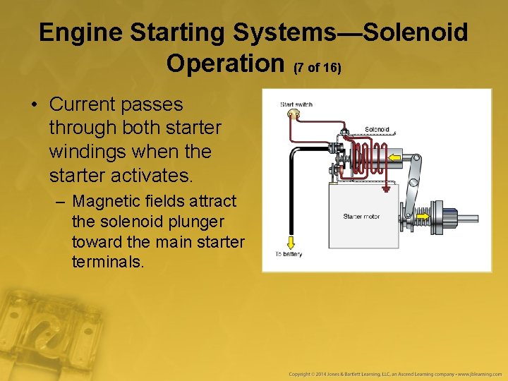 Engine Starting Systems—Solenoid Operation (7 of 16) • Current passes through both starter windings Engine Starting Systems—Solenoid Operation (7 of 16) • Current passes through both starter windings
