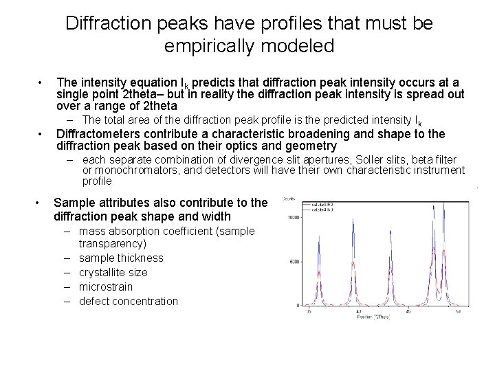 Diffraction peaks have profiles that must be empirically modeled • • The intensity equation